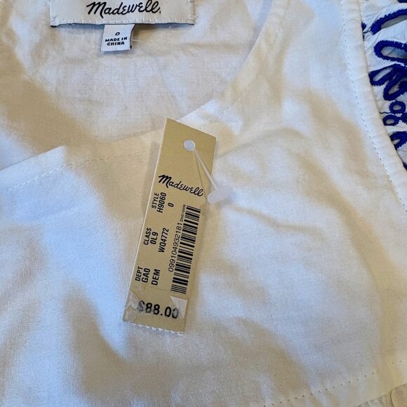 NWT MADEWELL sz 0 White Blue Embroidered Story Peasant Blouse Top retail $88 - Picture 3 of 14
